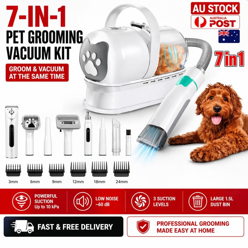 7-in-1 Pet Grooming Vacuum Kit Dog Hair Clipper Nail Grinder White Noise 10kPa