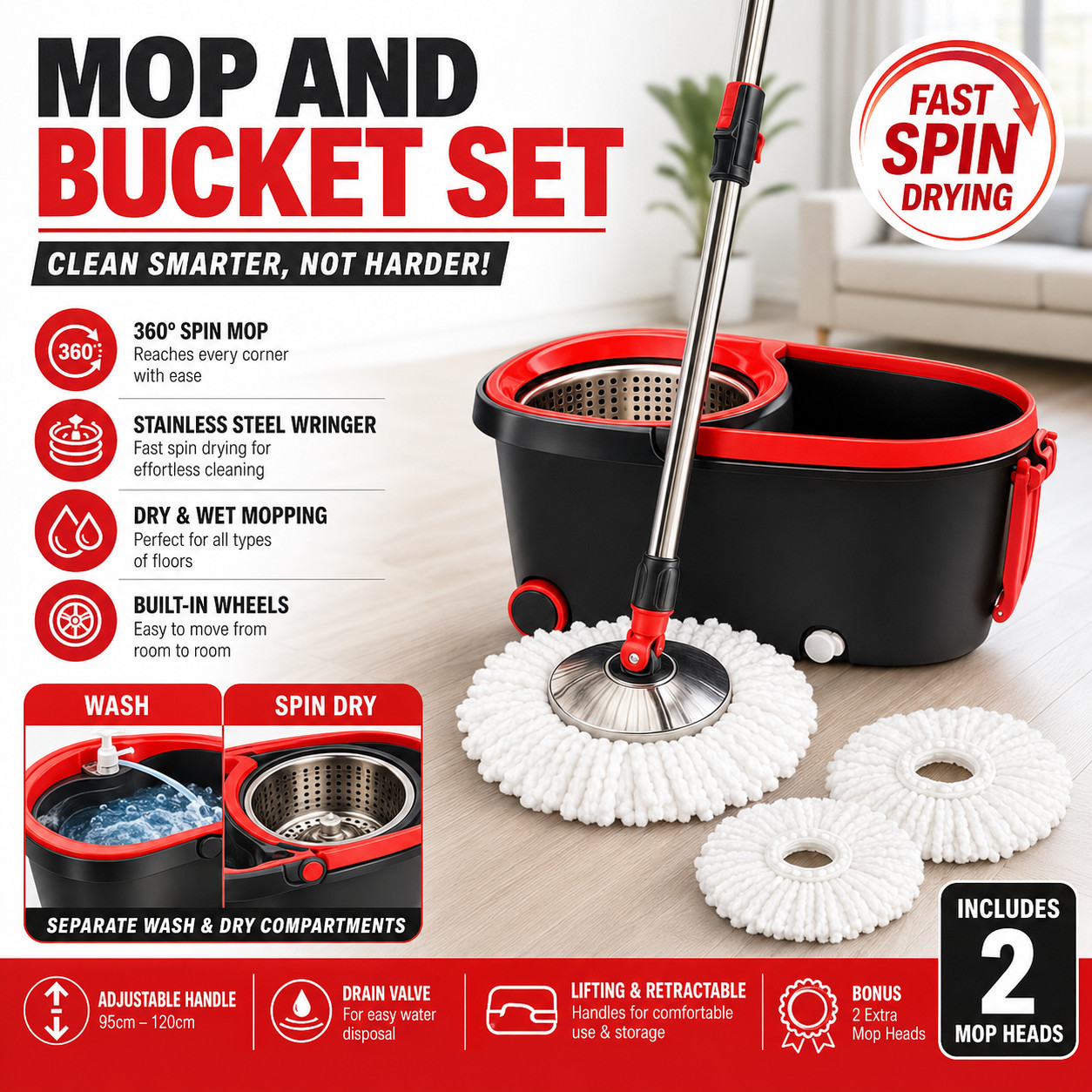 Spinning Mop Bucket Set with 2 Microfiber Heads Stainless Steel Wringer 23cm