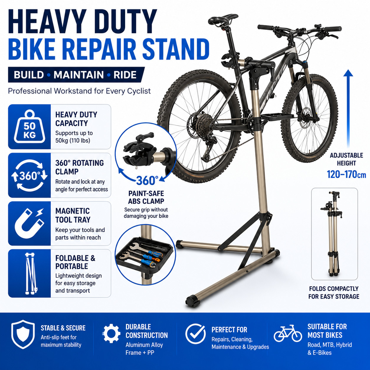 beepzoo Bike Repair Stand Floor Workstand Foldable Portable 50kg 98-156cm