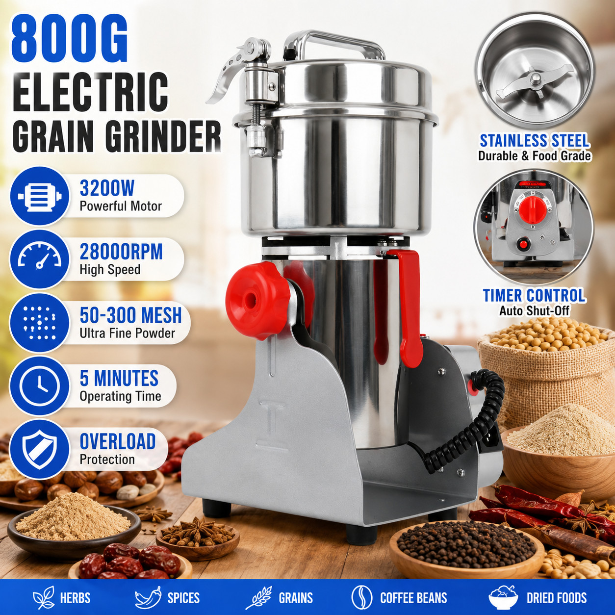 800g Electric Grain Mill Grinder 3200W Stainless Steel for Spices Cereal