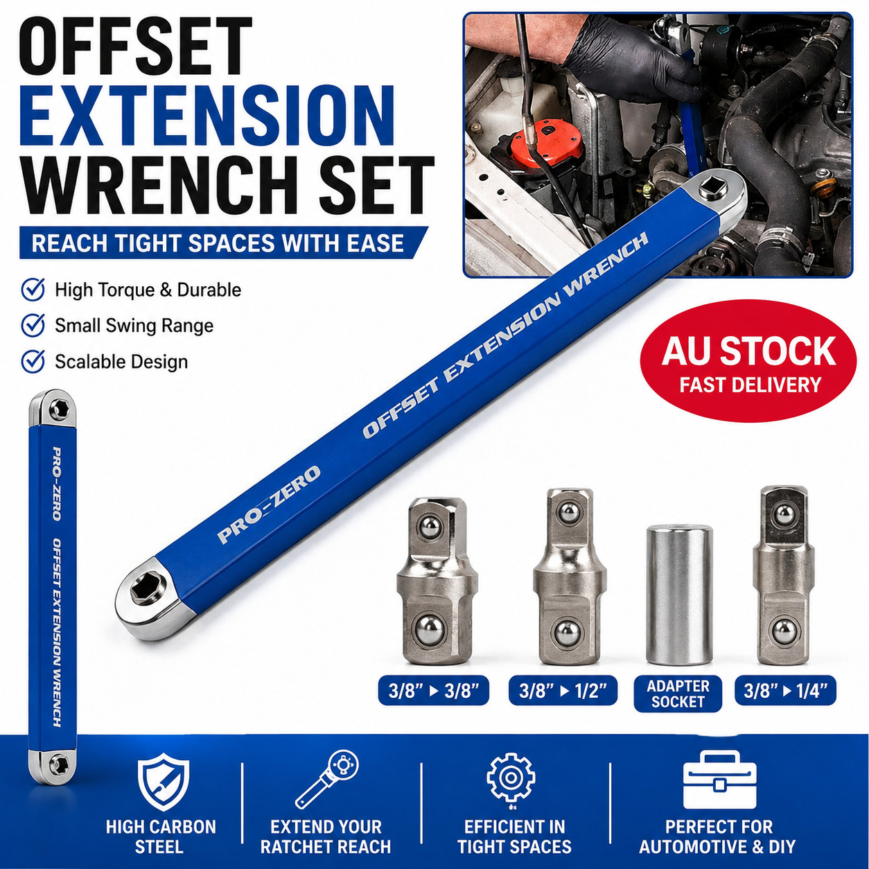 39cm High Carbon Steel Offset Spanner Extension Wrench Set Ratchet Extender