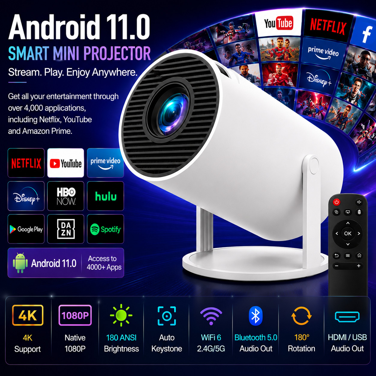 HY300 Mini Portable Smart LED Projector Android 11 5G Wifi Bluetooth HDMI
