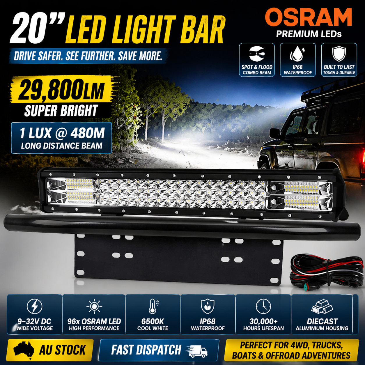 Ultra Tools 20inch LED Light Bar Combo Beam 29800LM IP68 9-32V DC Kit