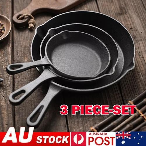 3-Piece Cast Iron Skillet Fry Pan Set Pre Seasoned Non-Stick Black Round