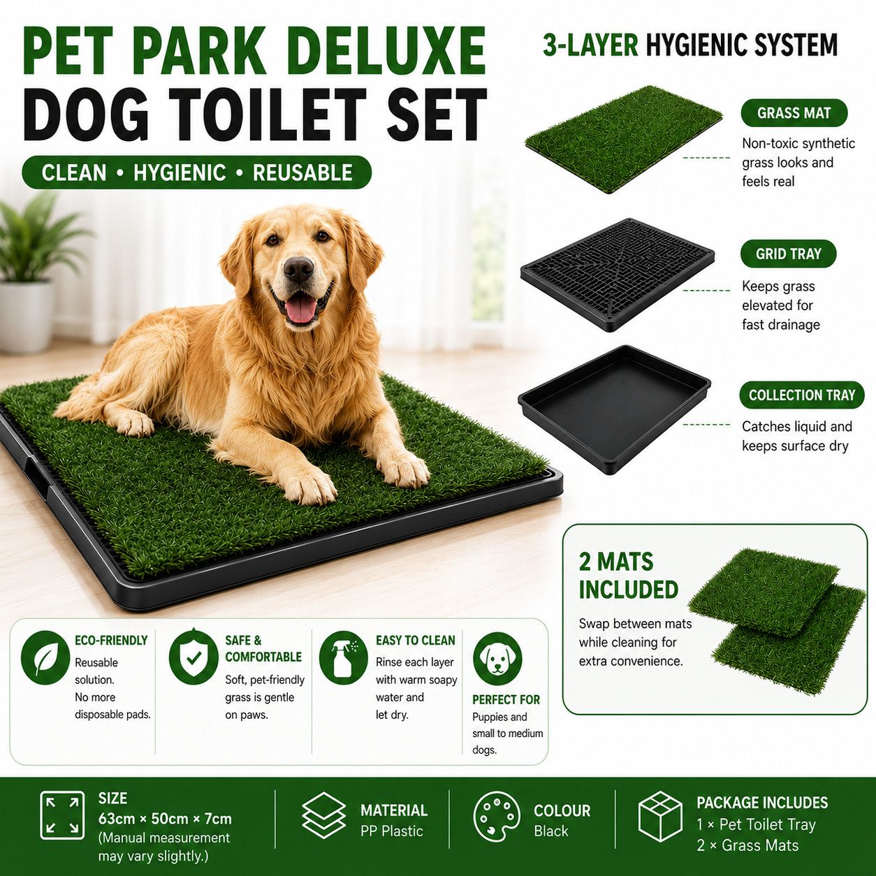 2 Grass Mat Set Indoor Dog Potty Training Portable Toilet Tray Green Plastic