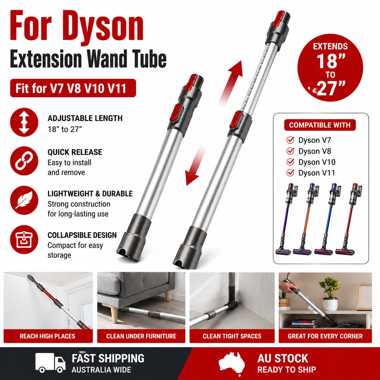 Dyson V7 V8 V10 V11 Telescopic Extension Wand Tube Pipe Cordless Vacuum