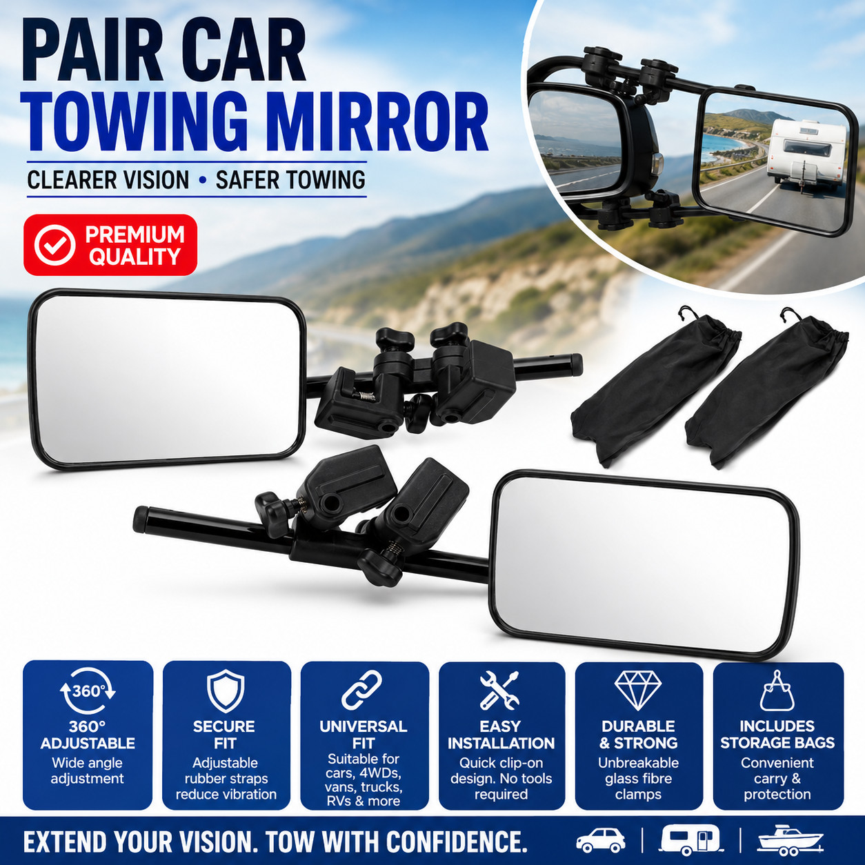 Ultra Tools 2x Heavy Duty Clip On Towing Mirrors Black Caravan RV Truck 4WD