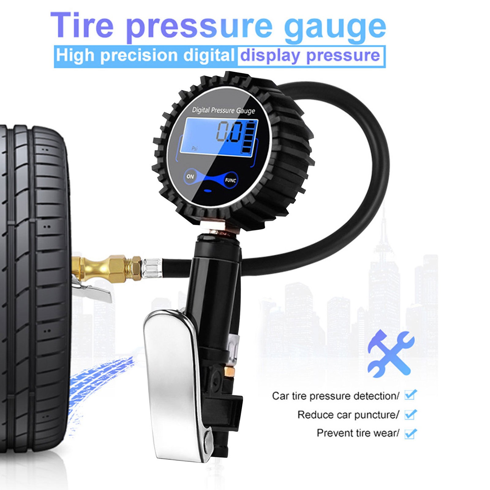 LED Digital Tyre Inflator Air Pressure Gauge PSI Hose LCD Display 3-200 Psi