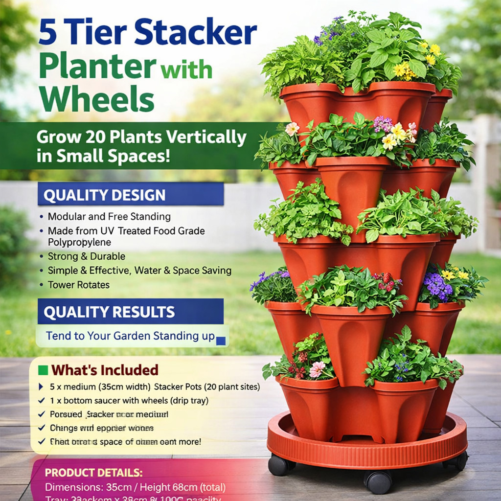 5-Tier Vertical Stackable Garden Planter Plastic Red Round Indoor/Outdoor