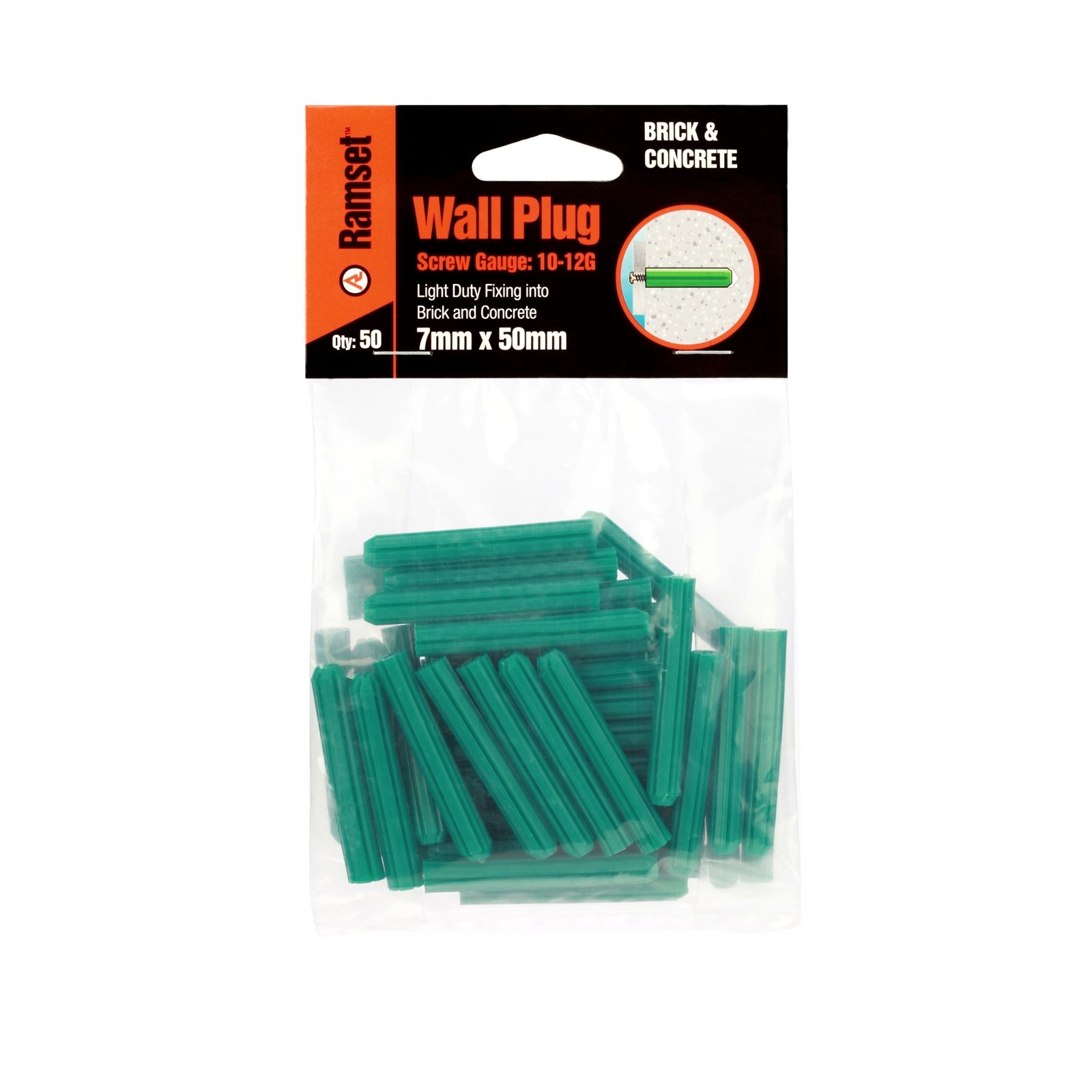 Ramset 7 x 50mm Green Wall Plugs - 50 pieces