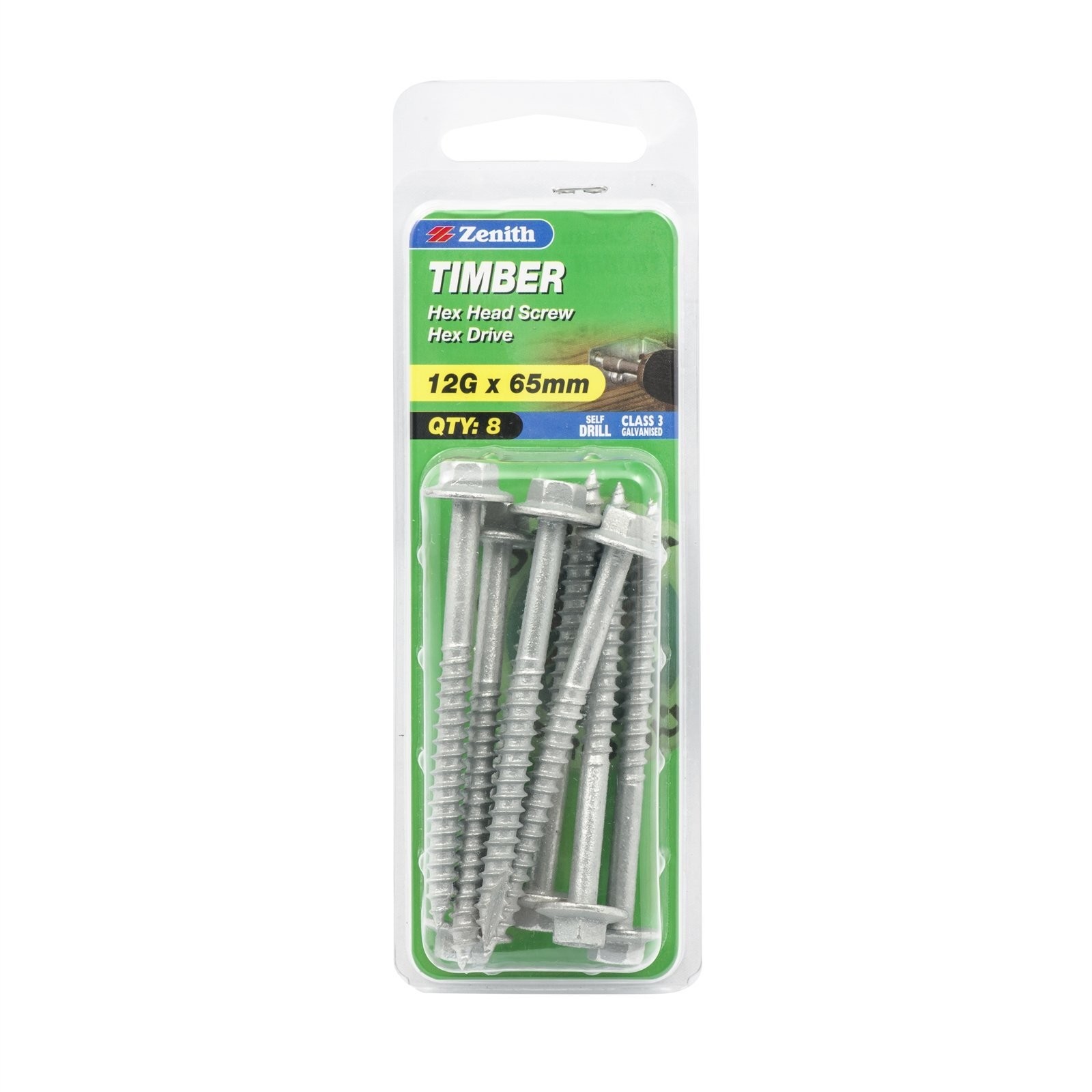 Zenith 12G x 65mm Galvanised Hex Head Timber Screws - 8 pieces