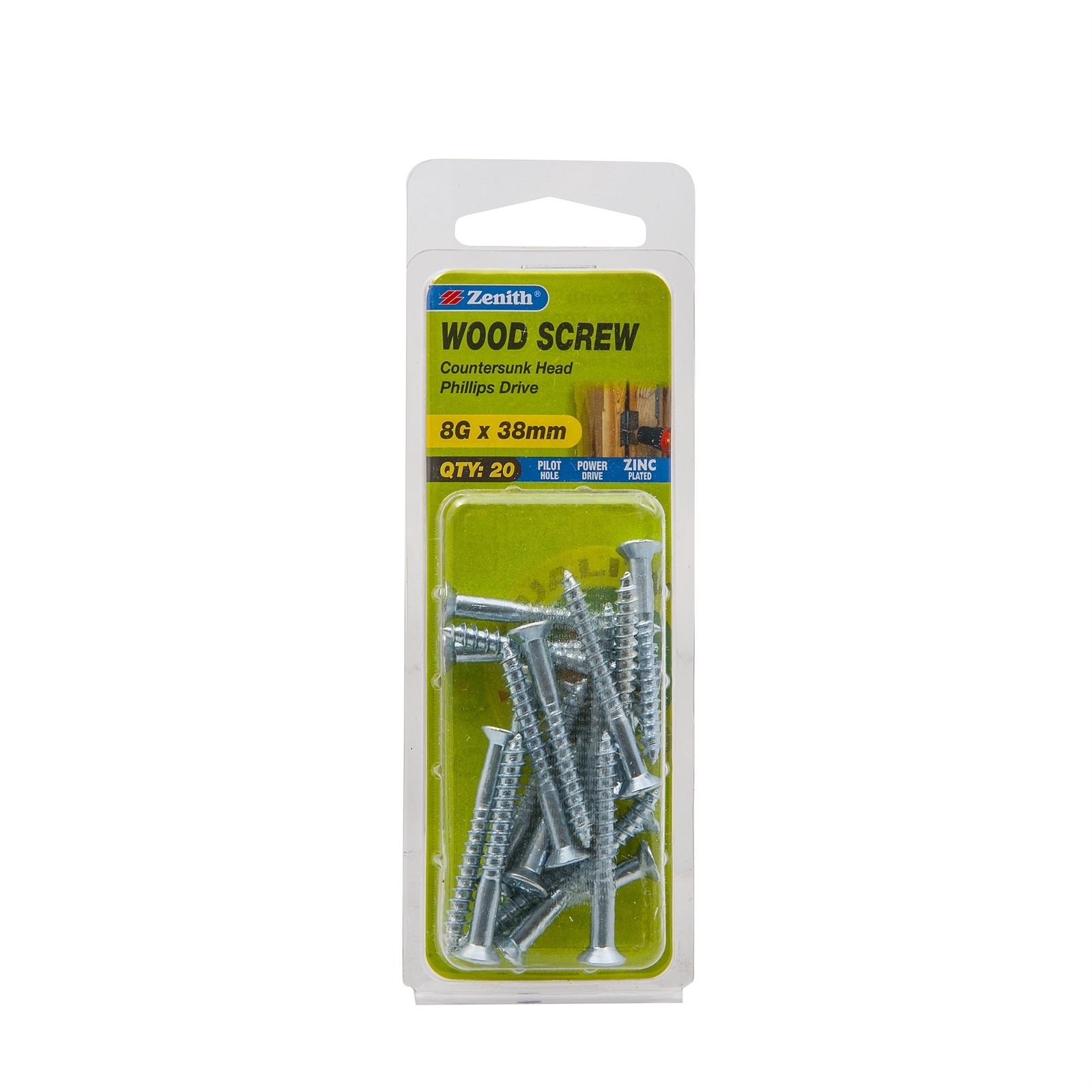 Zenith 8G x 38mm Zinc Plated Countersunk Head Wood Screws - 20 pieces
