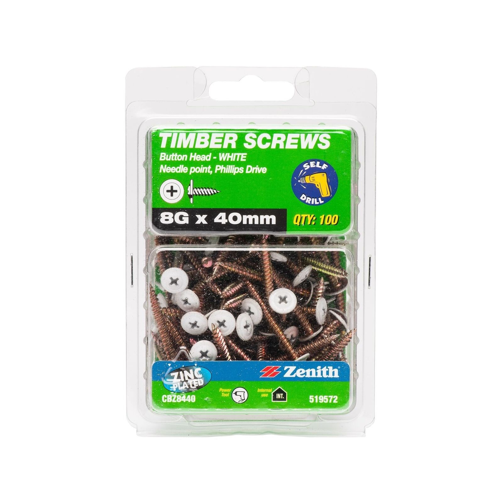 Zenith 8G x 40mm White Button Head Screw - 100 pieces