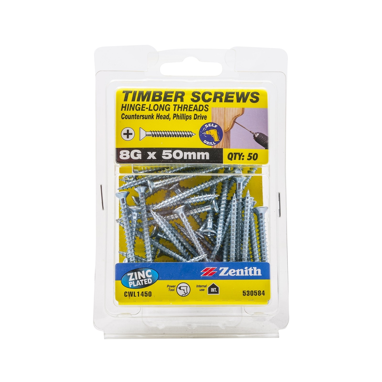 Zenith 8g x 50mm Zinc Plated Hinge Long Thread Timber Screws - 2 pieces