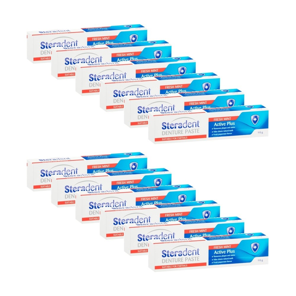 12PK Steradent Denture Paste Active Plus Fresh Mint Stain Removal 115g