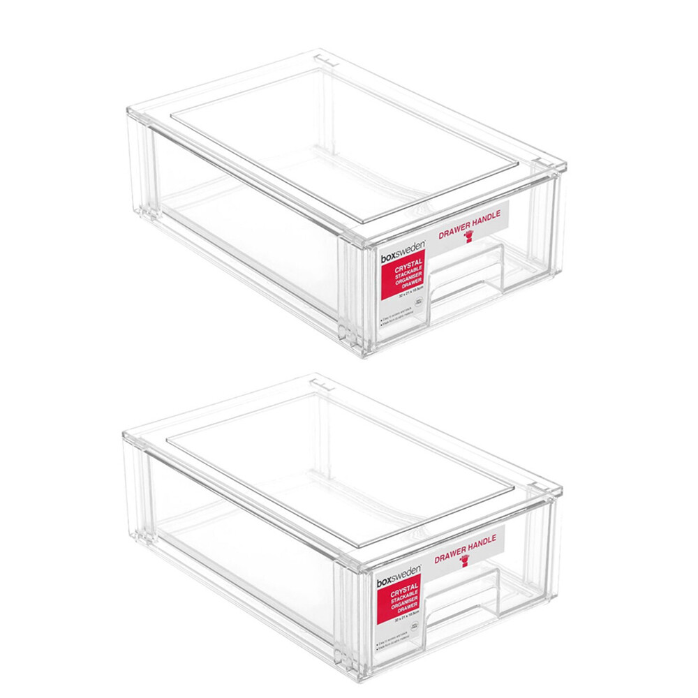 2x Boxsweden Crystal Stackable Organiser Drawer 32cm Plastic Storage Container
