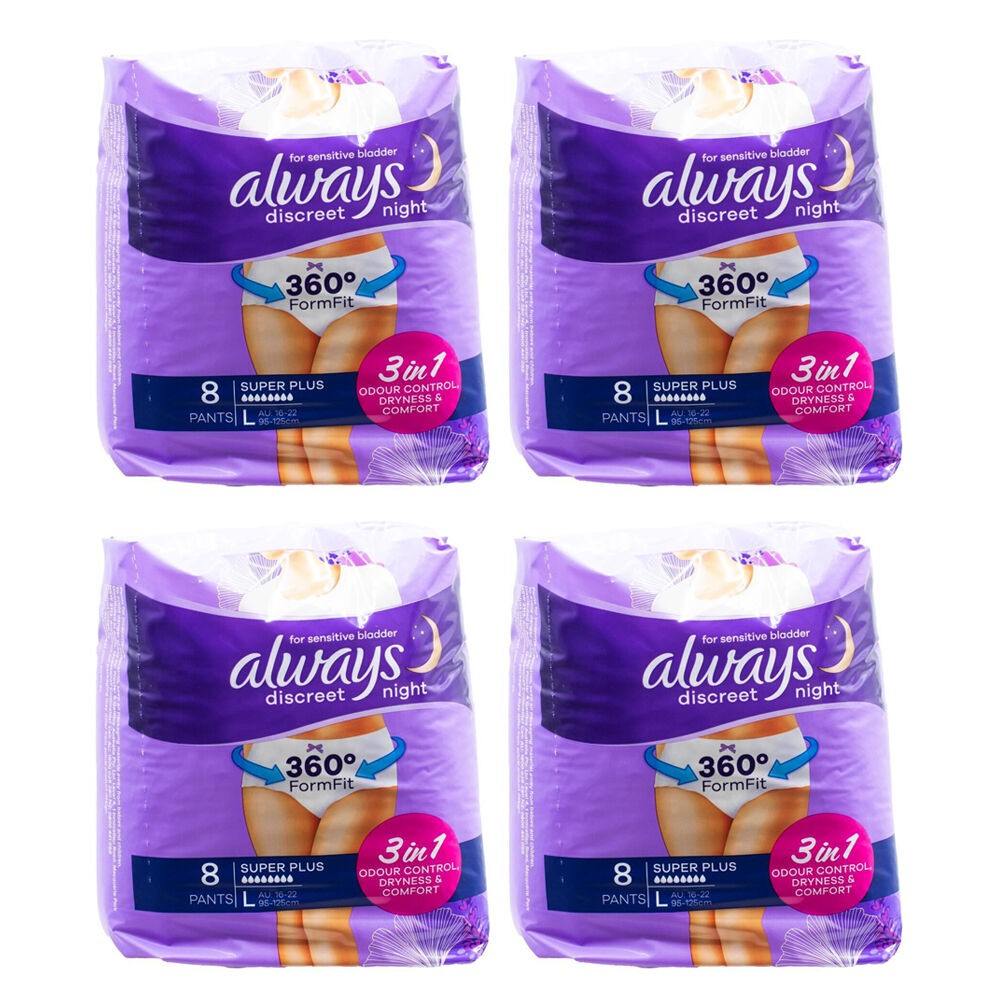 4x 8pc Always Discreet Pants Night Sanitary Napkins Super Plus 95-125cm