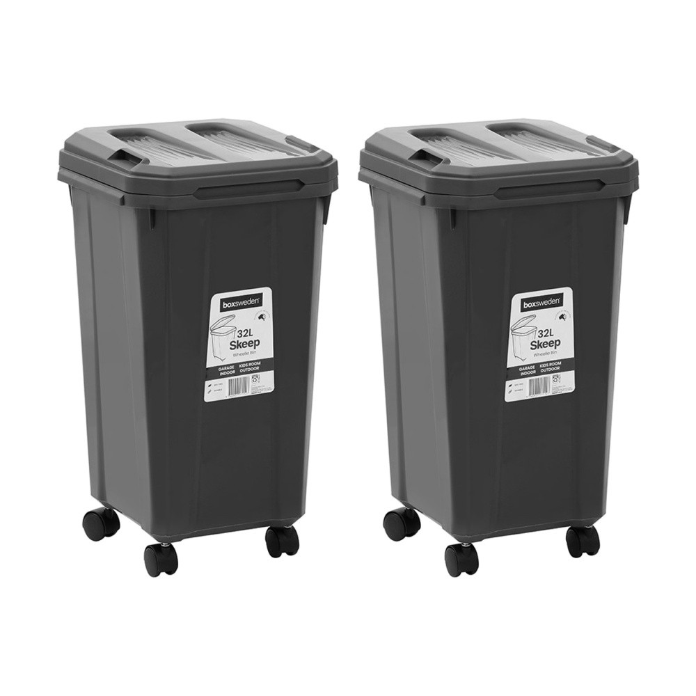 2x Boxsweden Skeep 32L Plastic Wheeled Wheelie Rubbish Bin Garage CHW-71127