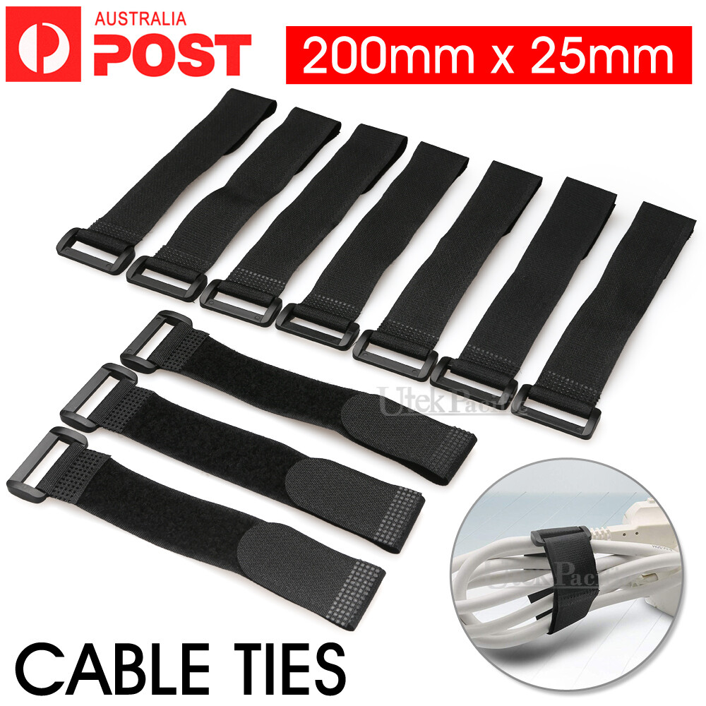 10PCS Black Strap Cable Ties Organizer 200mmx25mm Hook-&-Loop Wrap Fasteners