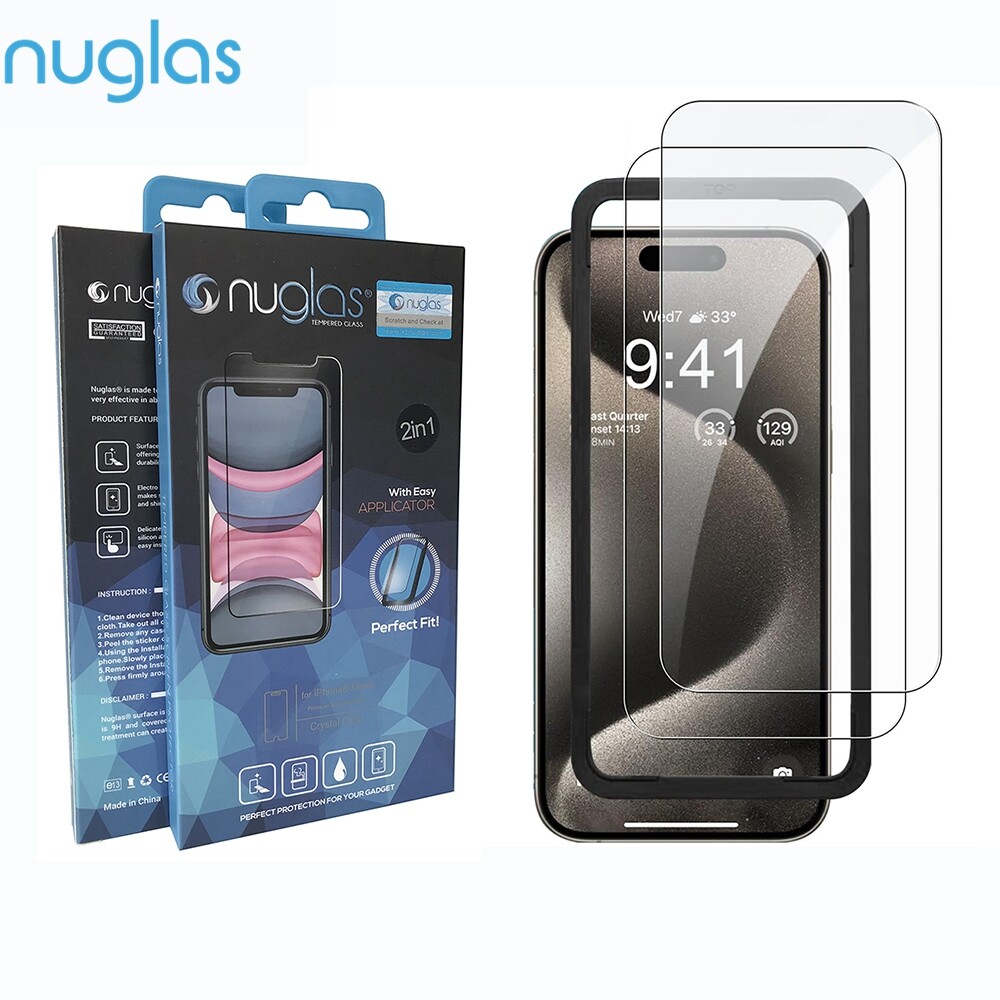 2x Nuglas Tempered Glass Screen Protectors With Applicator For iPhone 15 Pro