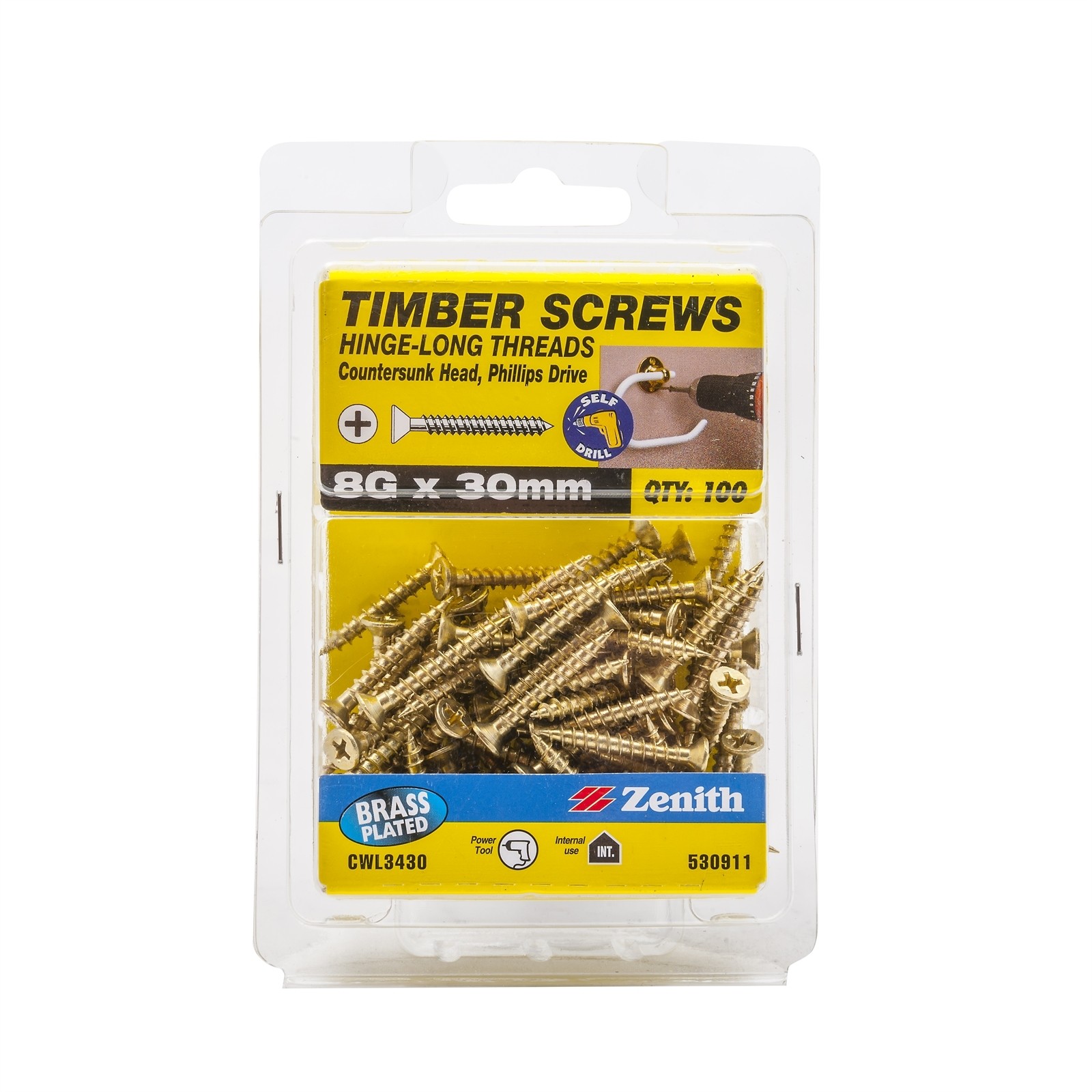 Zenith 8G x 30mm Brass Plated Hinge-Long Thread Countersunk Head Timber Screws -