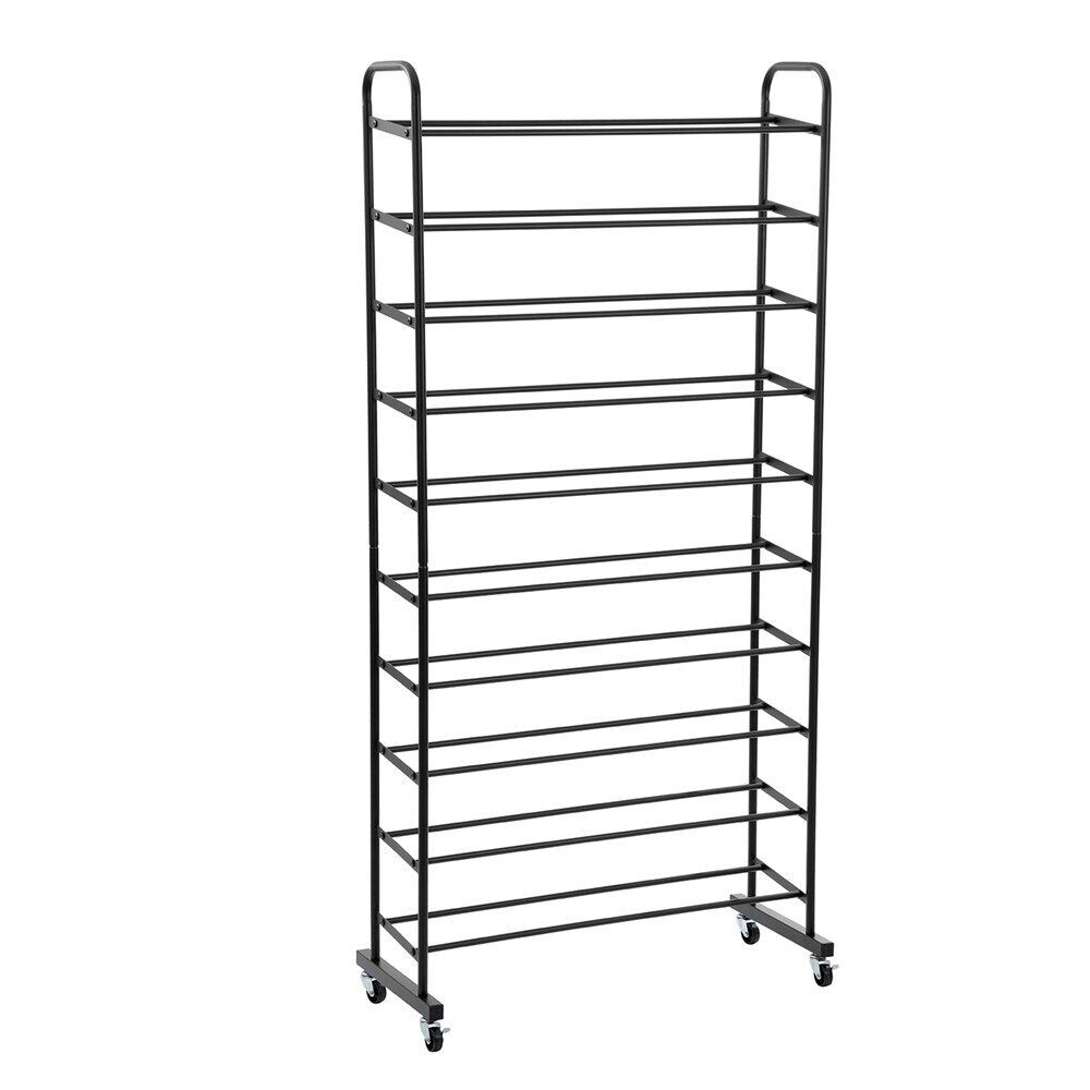 Boxsweden 10-Tier Metal Shoe Rack Organiser Storage w/ Wheels 76x160cm Black