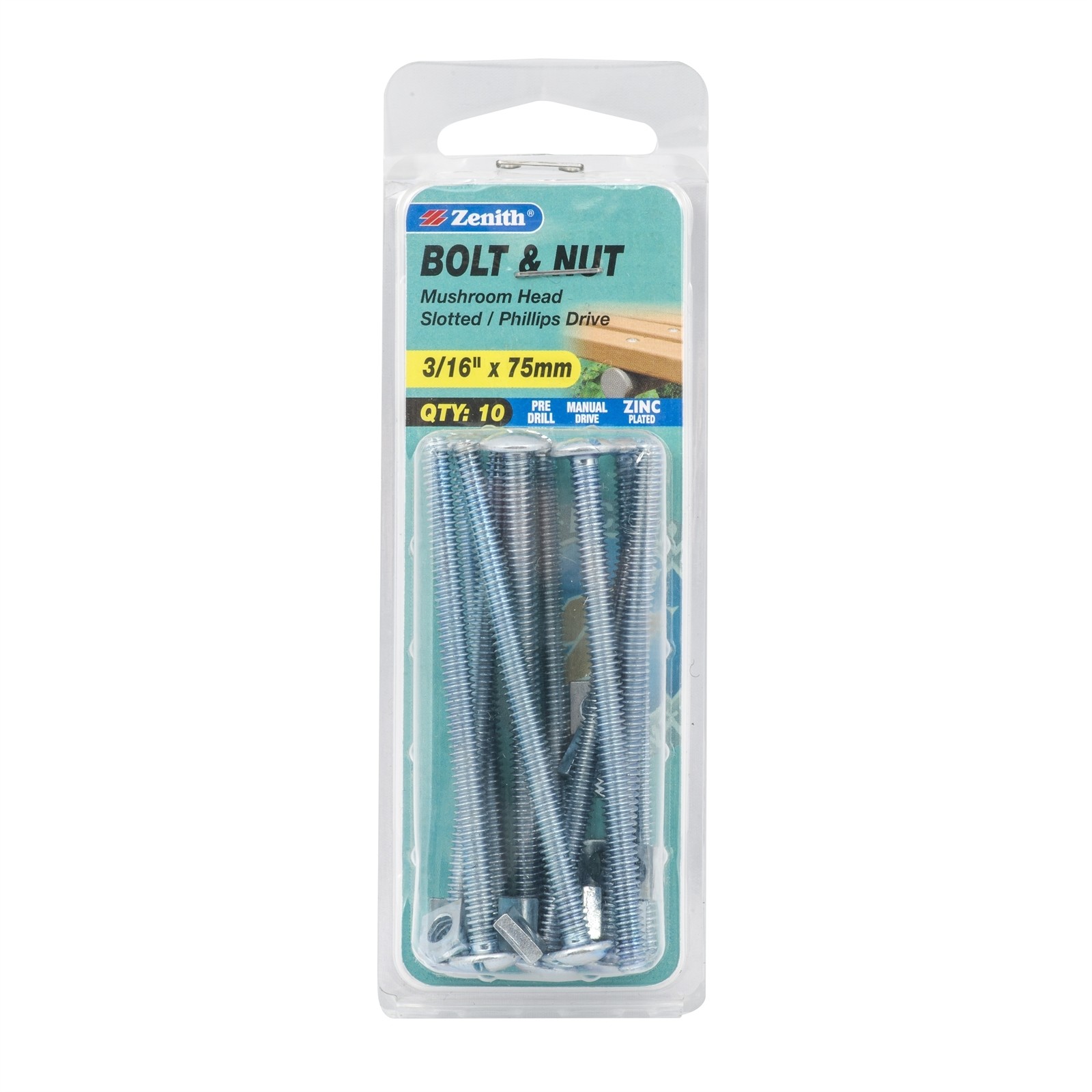 Zenith 3/16" x 75mm Zinc Plated Mushroom Head Bolt And Nut - 10 pieces