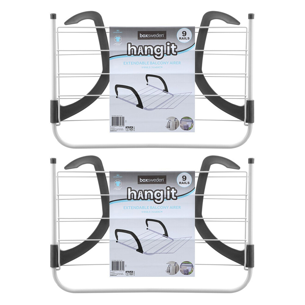 2x BOXSWEDEN Hangit 60cm Extendable 9-Rails Balcony Clothes Airer White