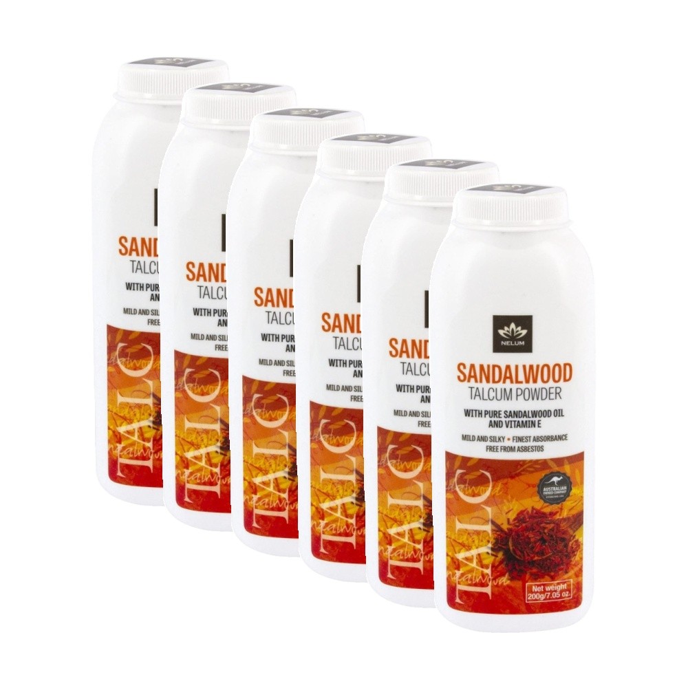 6PK NELUM Sandalwood Talcum Powder Silky Absorbent Vitamin E 200g White