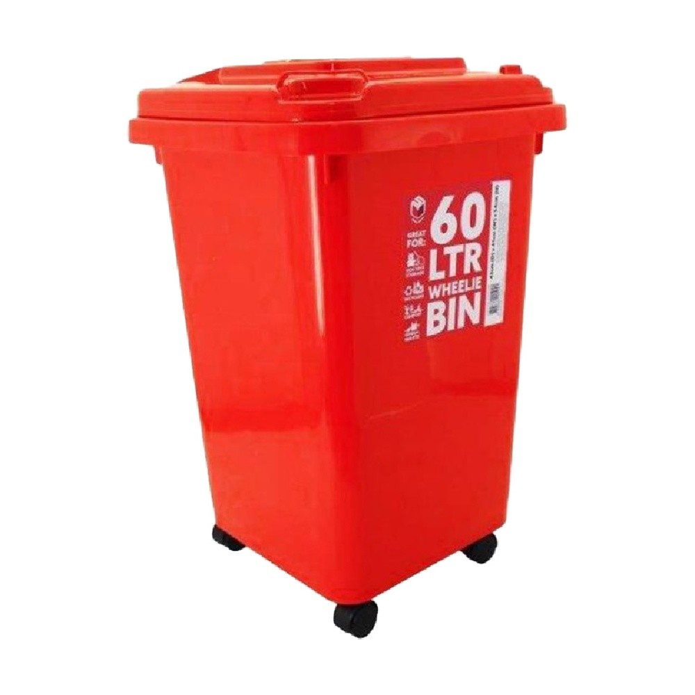 Braz 60L Garden Waste Bin Plastic Red Wheely Outdoor W/ Lid Wheels 54x42x41cm