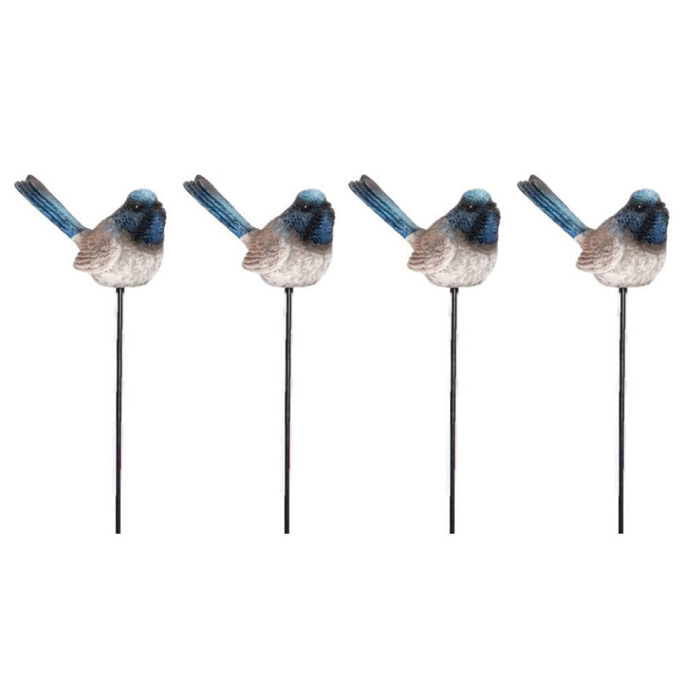 A.FRESCO 4x Fairy Wren Bird Garden Stake 7cm Metal Blue Outdoor Decor