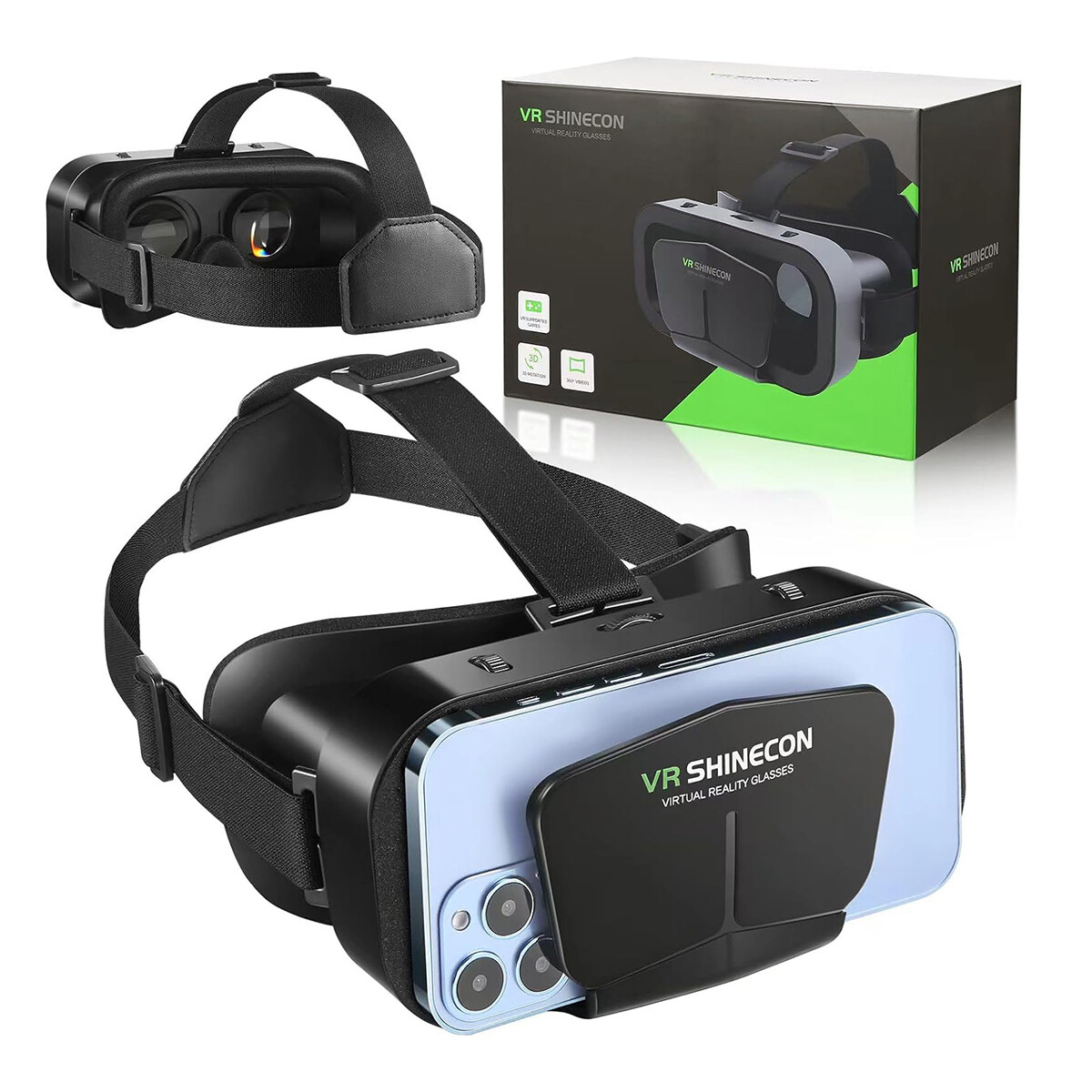 VR SHINECON Headset Compatible with iPhone & Android 3D Google VR Box Black