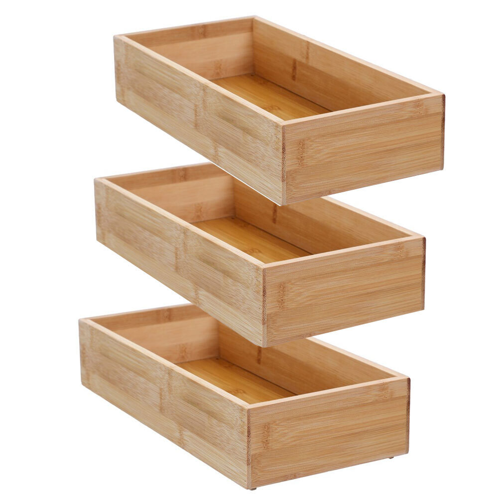 3x Boxsweden Bamboo Tray Organiser 30x15cm 7cm Brown Rectangular Storage