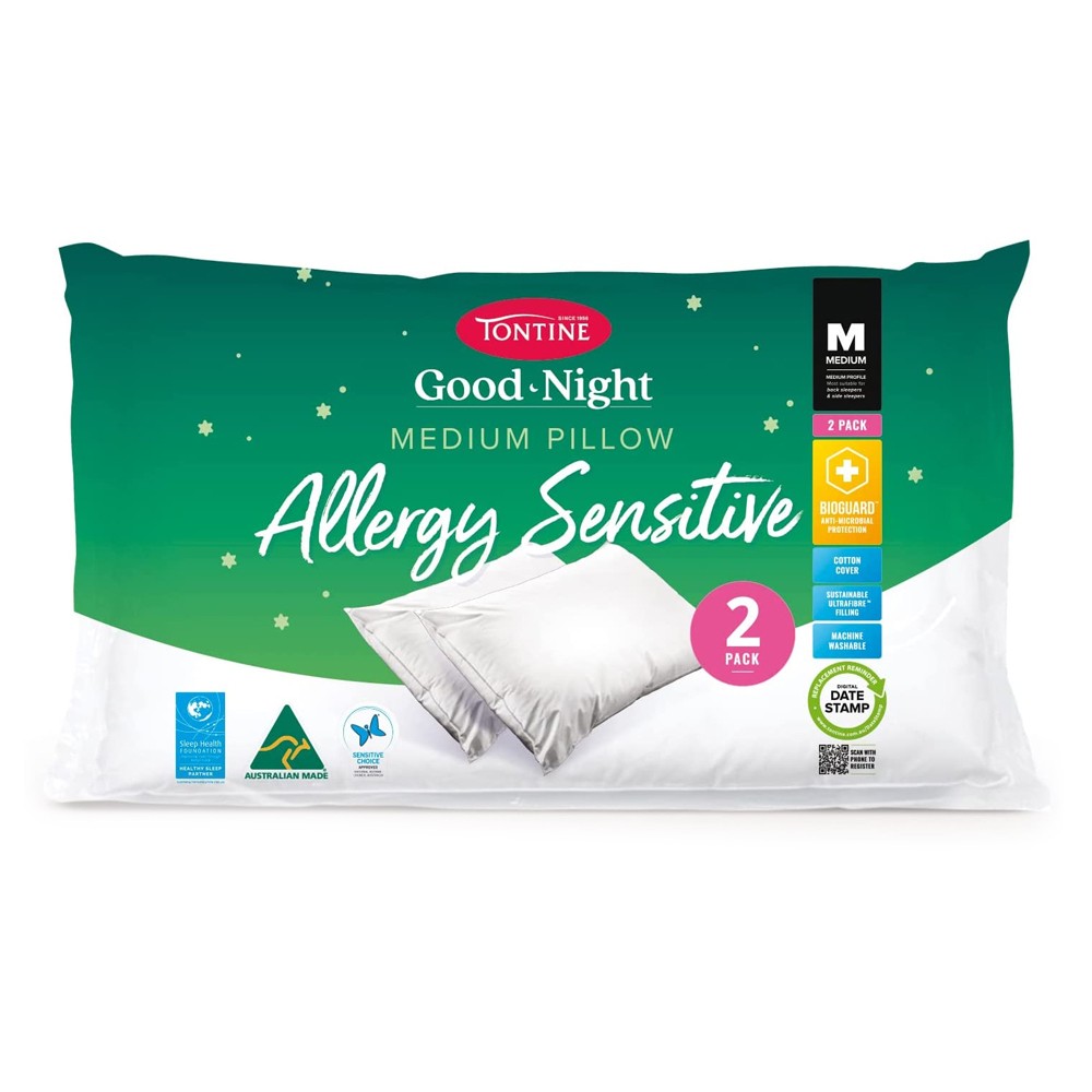 Tontine Good Night Allergy Sensitive Bed Pillow 2pc Medium White Cotton