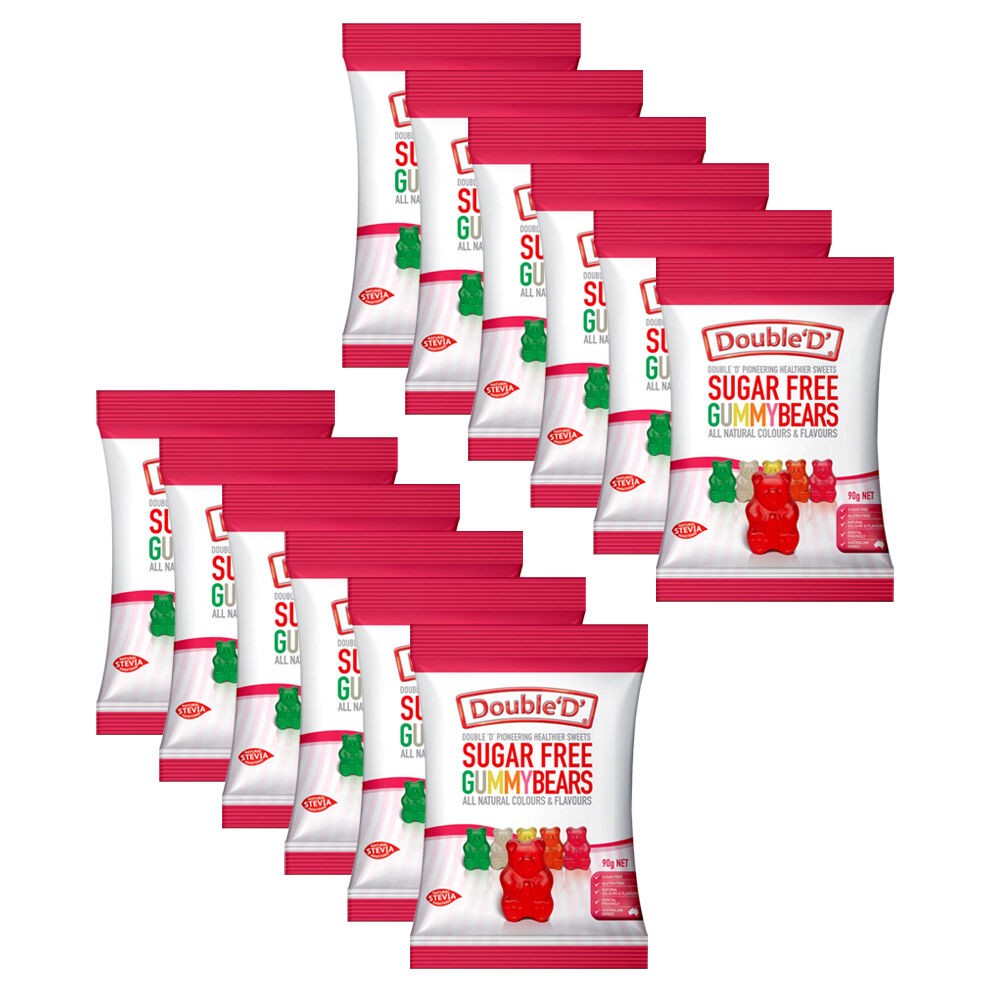 Double D Sugarfree Gummy Bear Lollies 12PK 90g Soft Sweets Candy Bag