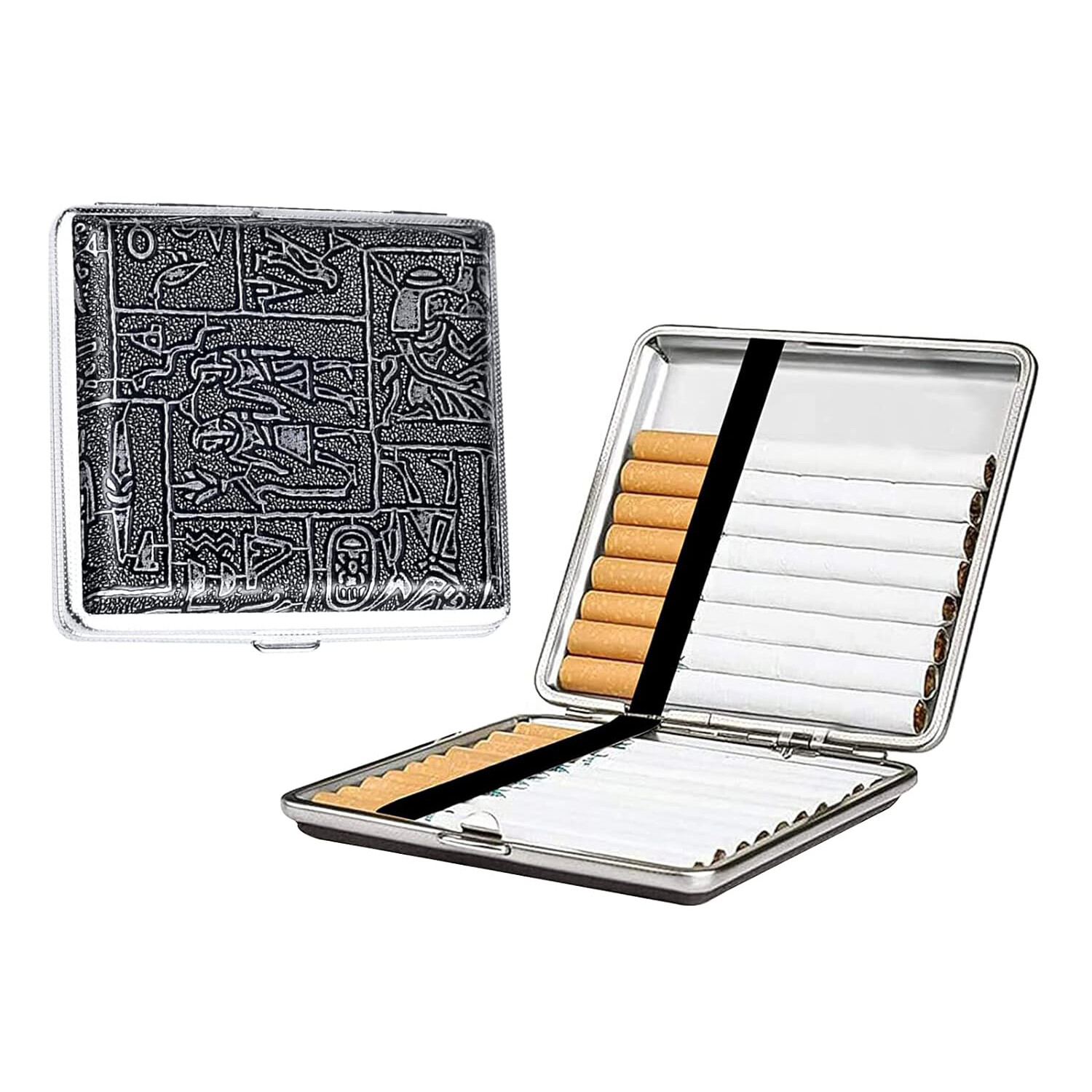 Vintage Egyptian Pattern PU Stainless Steel Metal Cigarette Case Holder Box