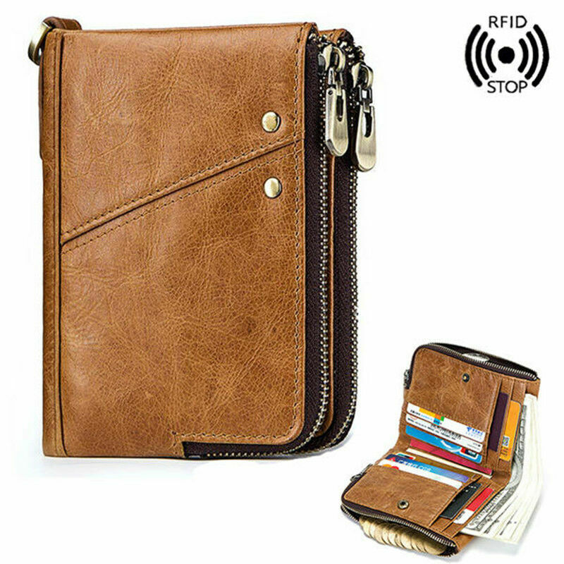 Mens RFID Wallet Genuine Leather Zip Purse Credit Card Coins Holder KA0052