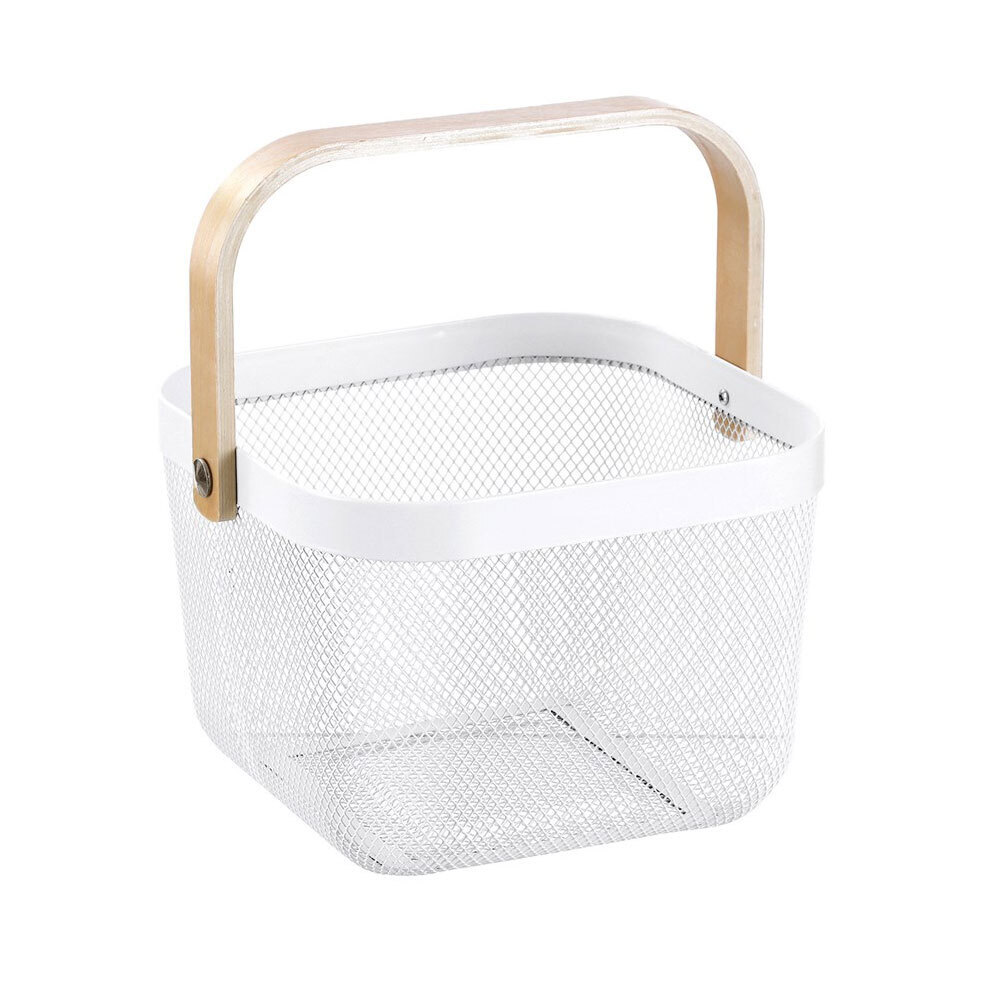 BOXSWEDEN 11819 25x25x17cm Wire Mesh Storage Basket White Wooden Handle