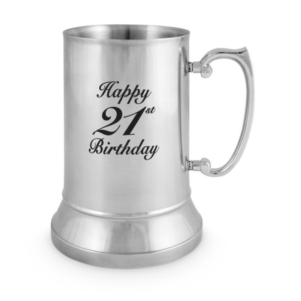 LMD BS160 Beer Glass Stainless Steel Cup w/Handle 530ml Happy 21st Birthday