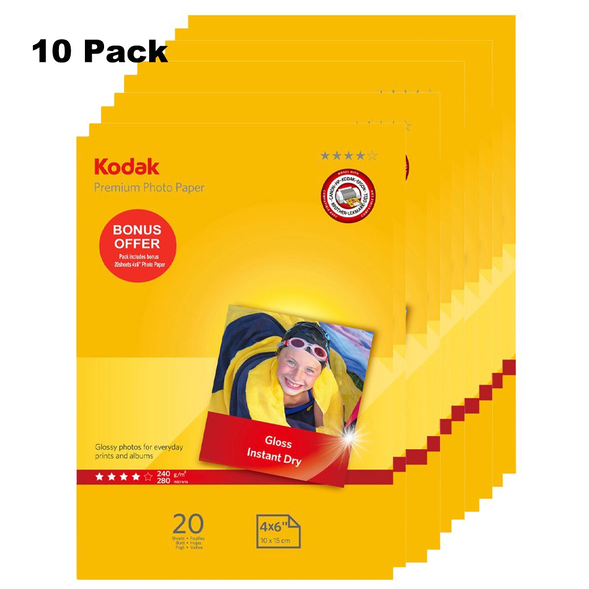 Kodak 4R Glossy Photo Paper 240gsm 4 x 6 in 20 Sheet 10 Pk 200 Sheets