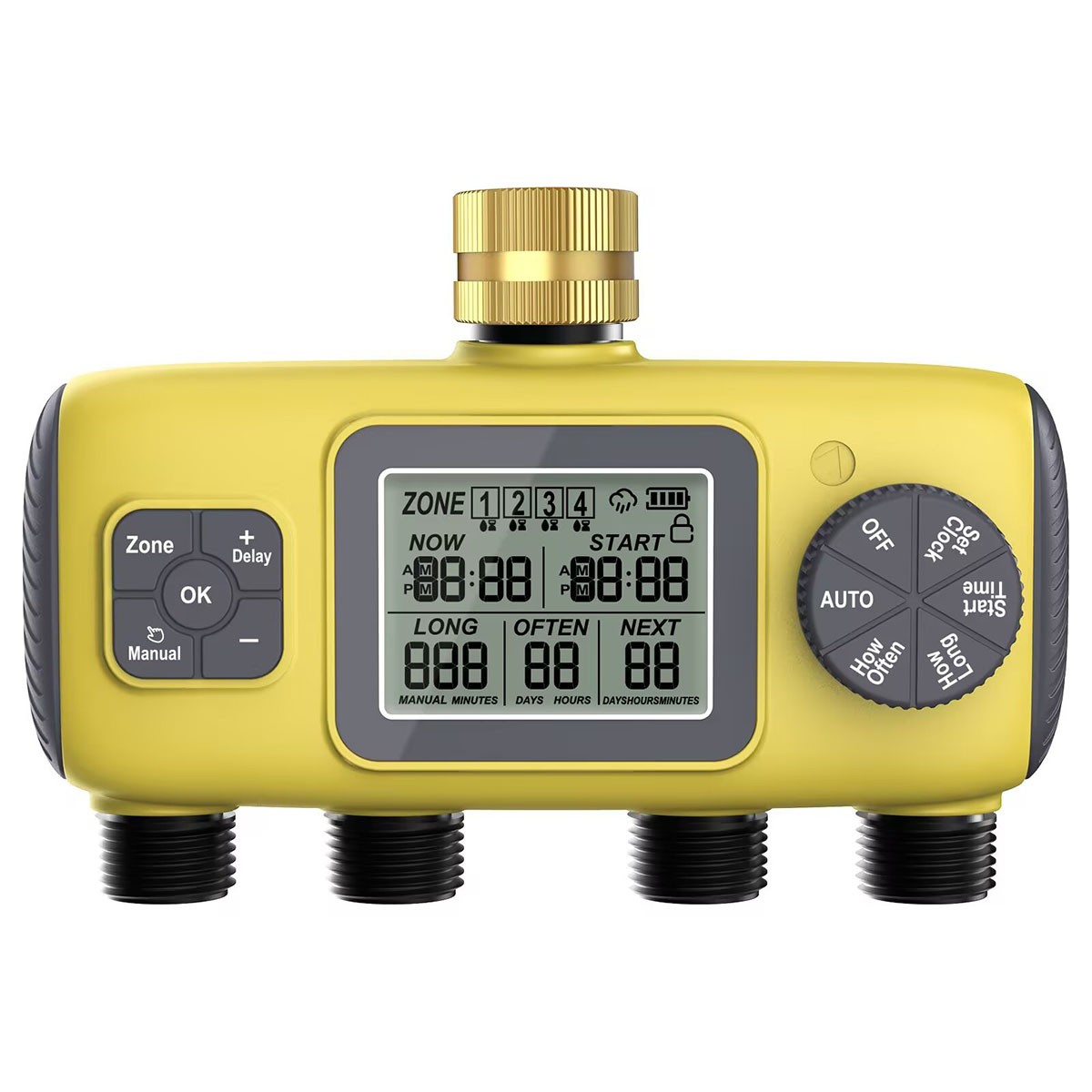 YZD04 4 Outlet Programmable Watering Timer Hose Faucet Rain Sensor AA Battery