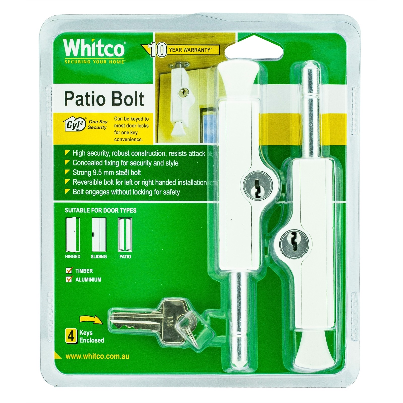 Whitco White CYL4 Patio Bolt - 2 pieces