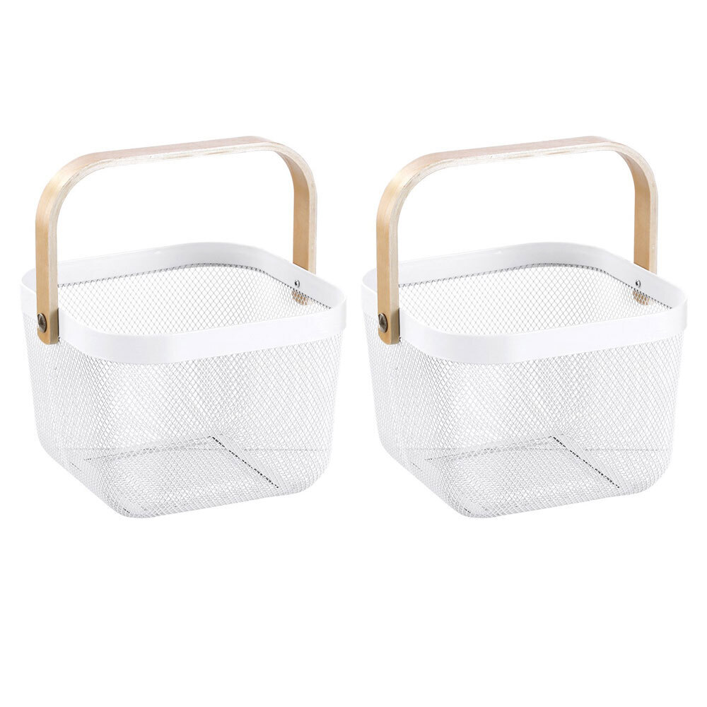 2x Boxsweden 11819_2PK Mesh Storage Basket Wooden Handle White 25x25x17cm