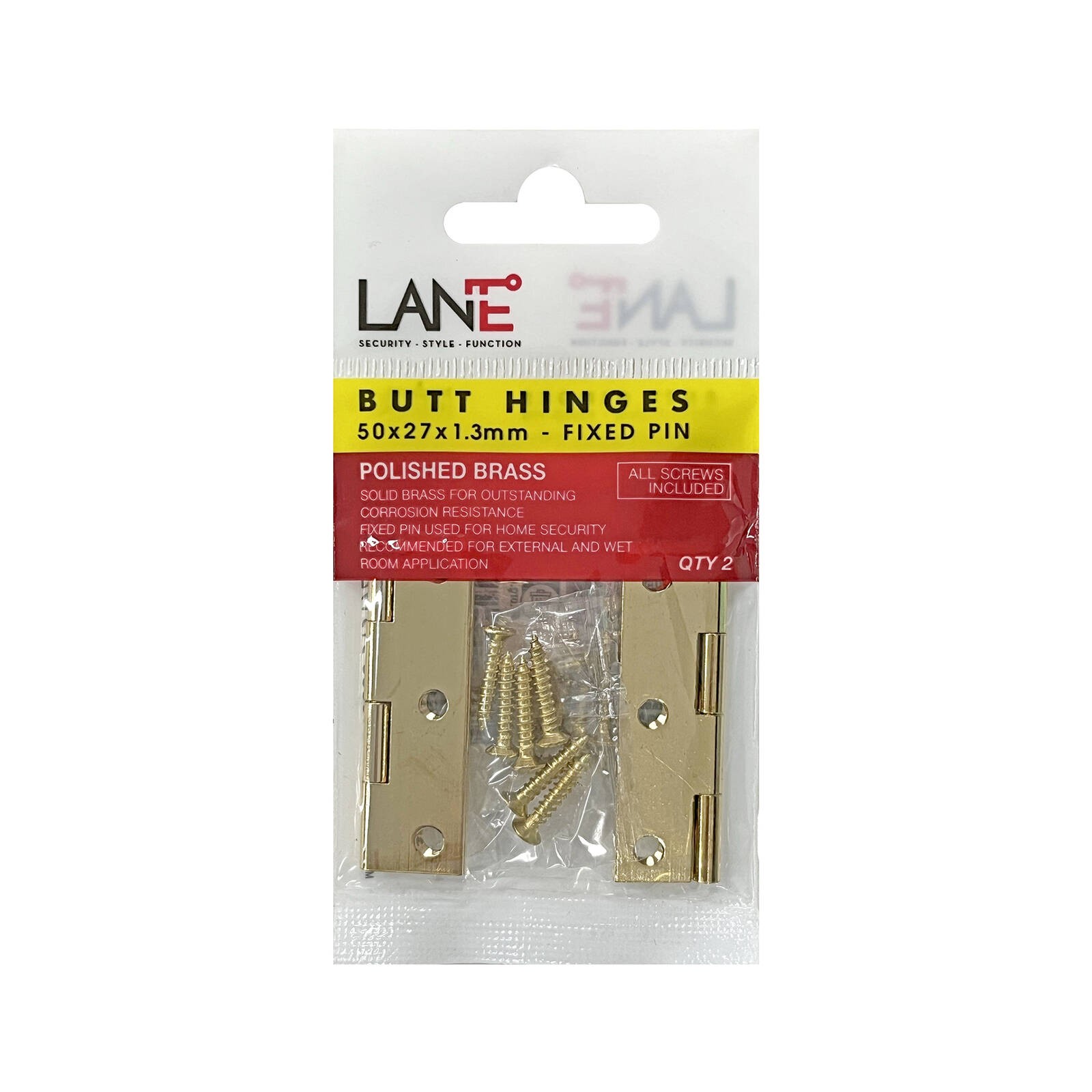 Lane 50 x 27 x 1.3mm Brass Fixed Pin Butt Hinge - 2 pieces