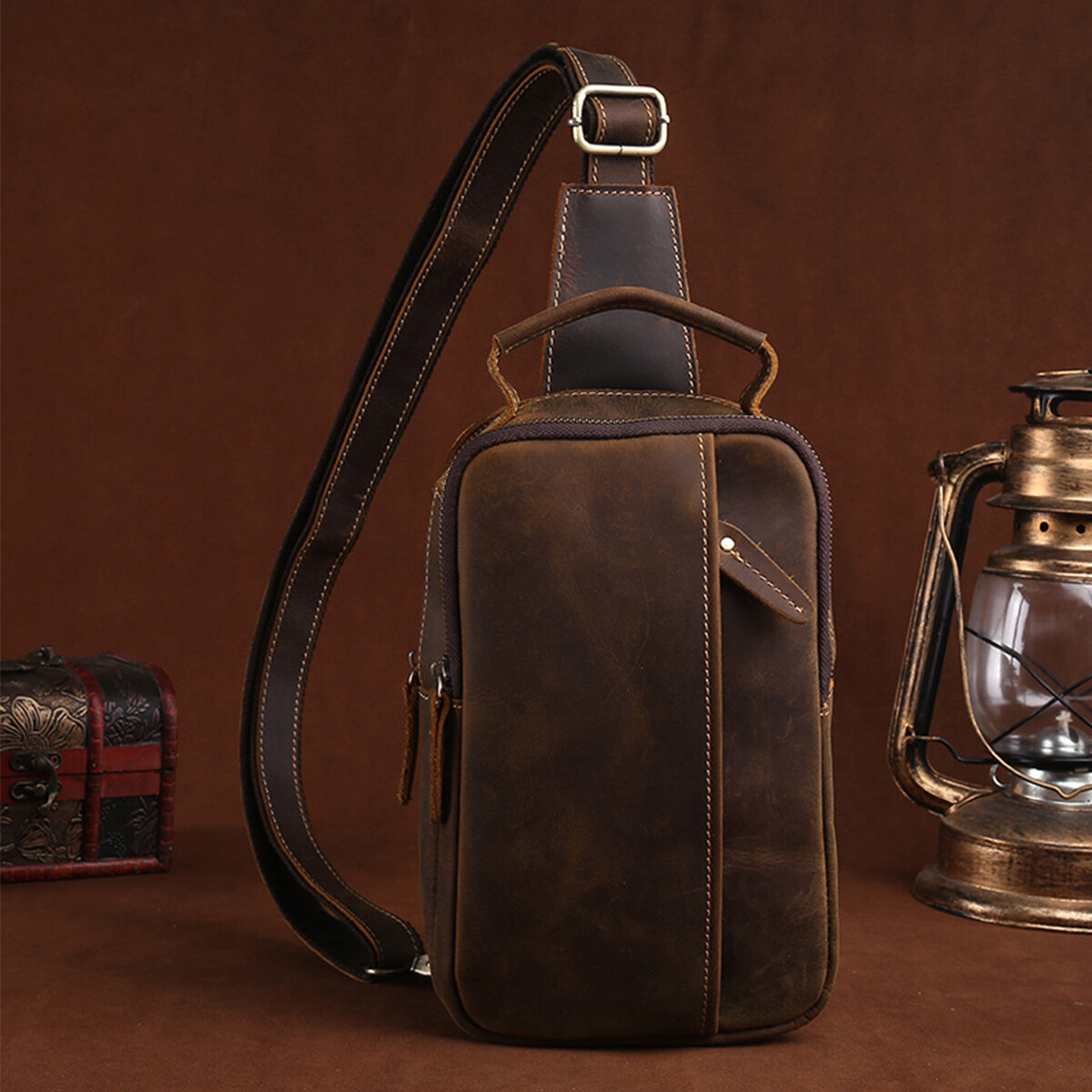 Genuine Leather Sling Bag Crossbody Chest Backpack Brown Medium Men Women