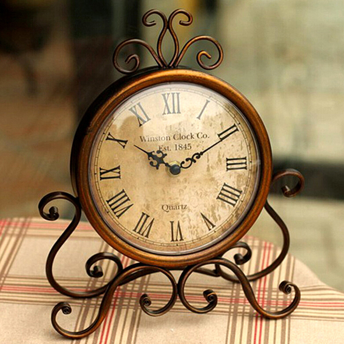 17cm Retro Vintage Ironwork Desk Table Mantel Shelf Clock Silent Quartz Battery