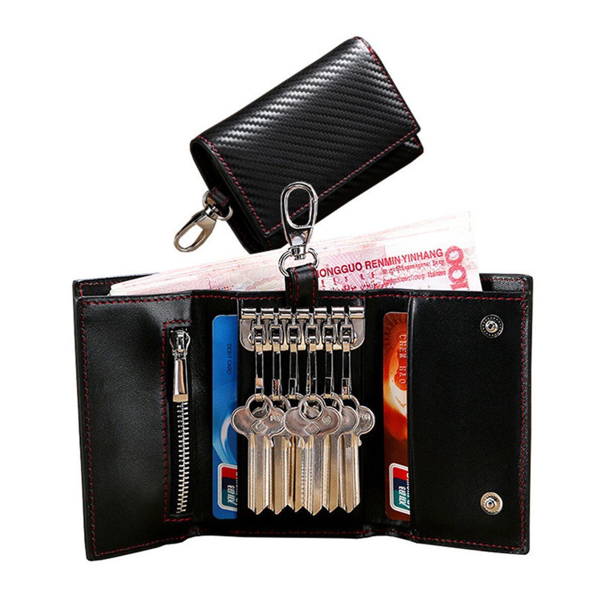 Woven Carbon Fiber Men Card Holder Wallet Leather Black Soft Snap Coin Purse