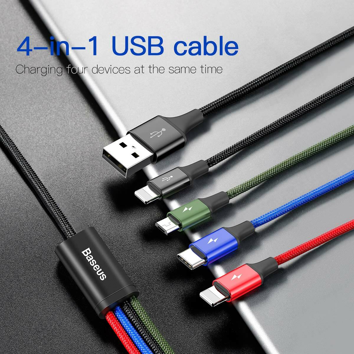 Baseus Fast 4-in-1 USB Phone Cable For IPhone 2 Type-C Micro 3.5A 1.2M Black