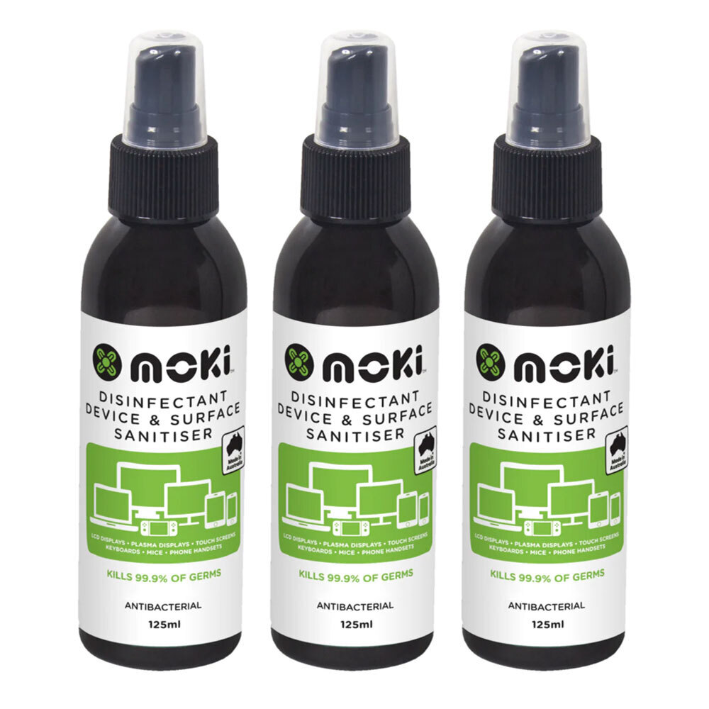 3x Moki Disinfectant Device Sanitiser Spray Mobile Phone Screen Cleaner 125ml