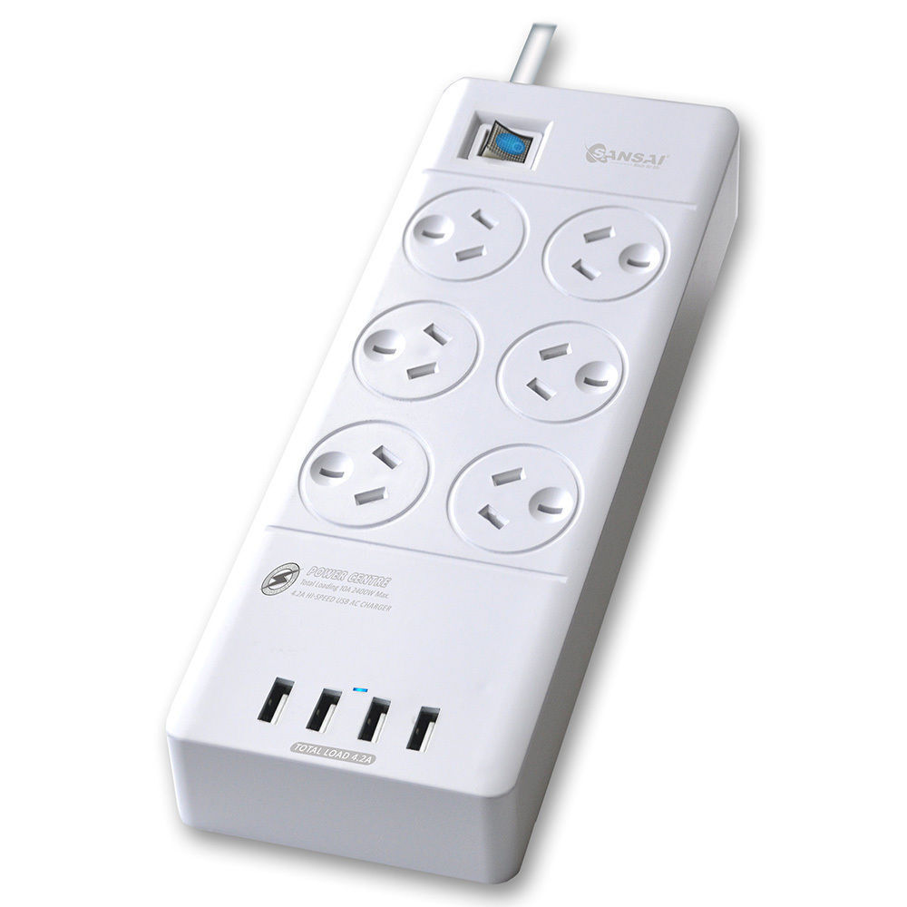 SANSAI PAD-4066E Power Board 6 Way Outlets 4 Charging Ports w/Surge Protector